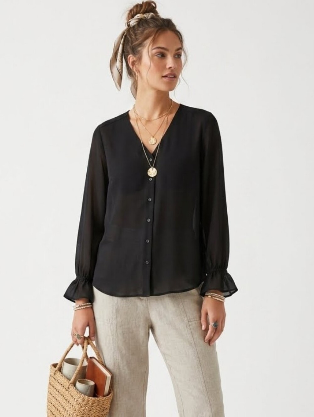 Tahari Black Sheer Long-Sleeve Button-Front Blouse